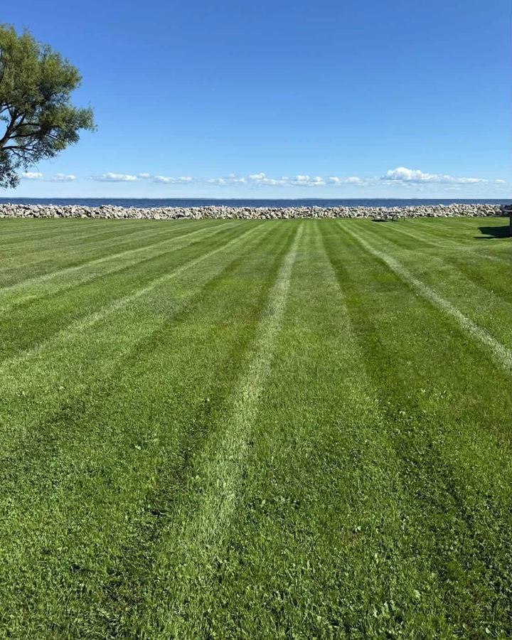 Wide striped lawn running down to a rock breakwater and open water under a clear sky